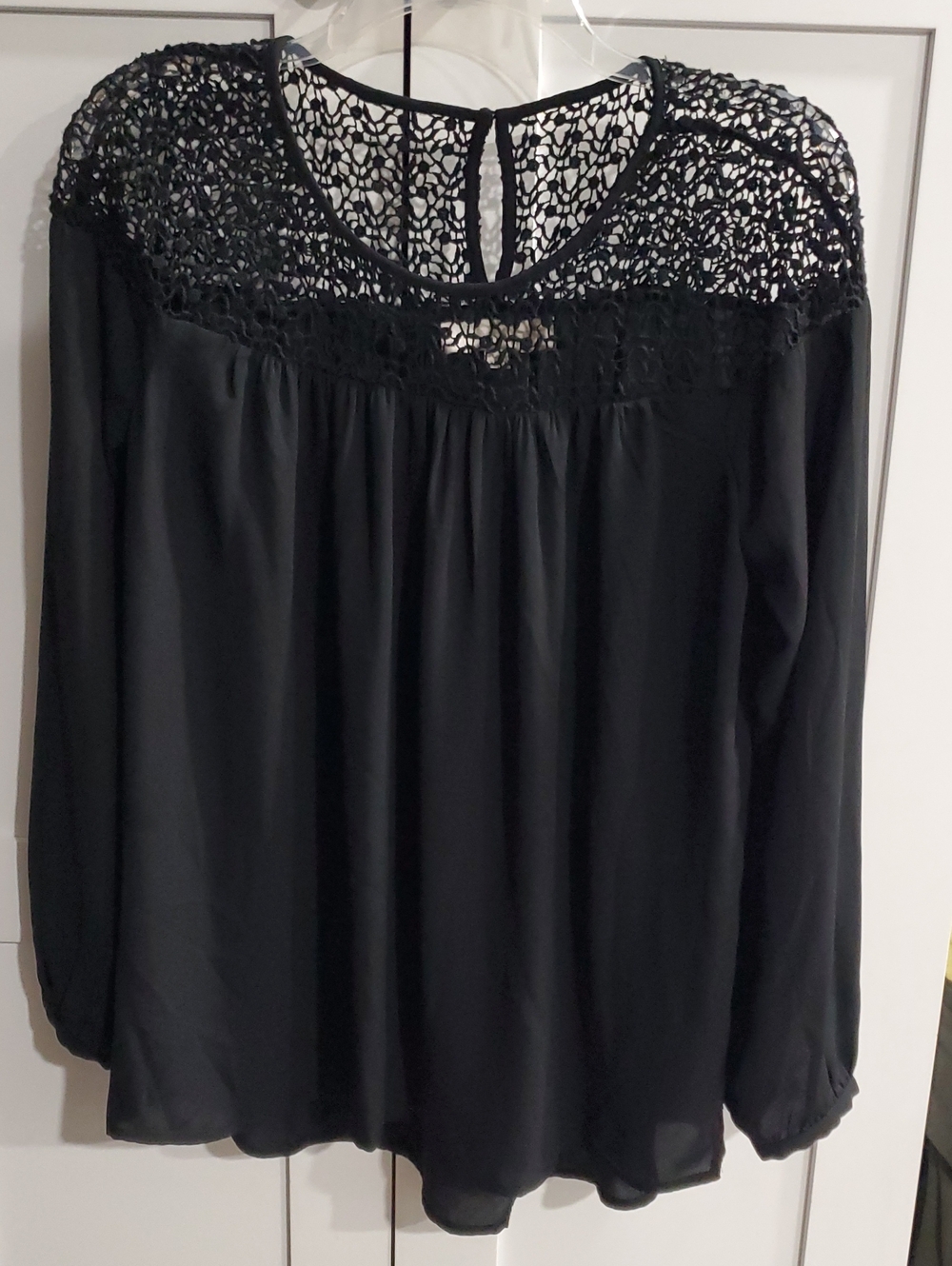 LOFT Black Crochet Yoke Long Sleeve Top